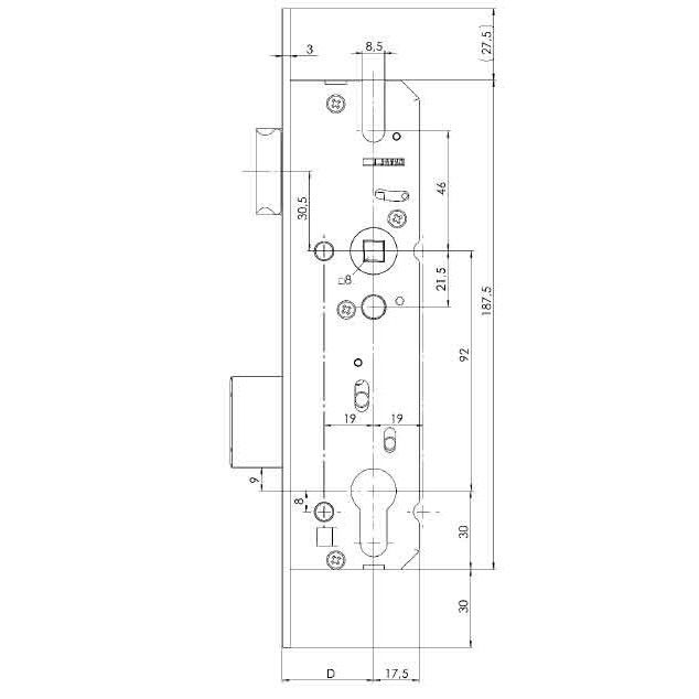 KFV-Rohrrahmenschloss Nr. 49 / 92mm / 8 mm Nuss / Flach-Stulp 245 x 16 mm hell verzinkt / 25-Dorn