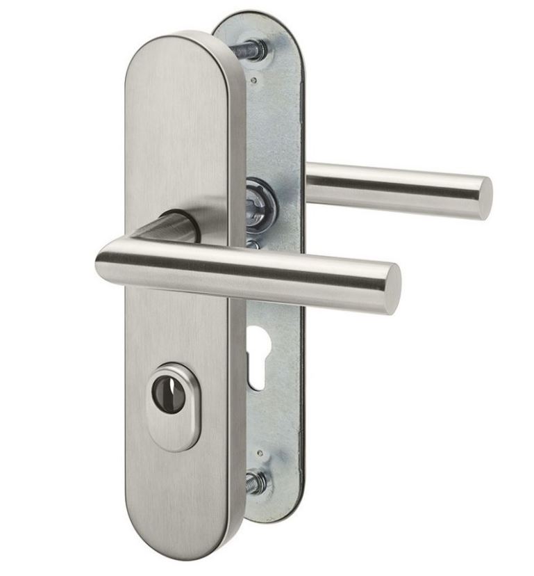 Edelstahl-Schutzdrückergarnitur mit Kernziehschutz 72 mm / Zylindervorstand 10-15mm / ES1