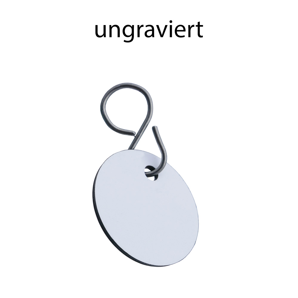 Kunststoffmarken: weiß / Druckfarbe: schwarz 30 mm Durchmesser / mit Loch und S-Haken Kunststoffmarken: weiß / Druckfarbe: schwarz 30 mm Durchmesser / mit Loch und S-Haken