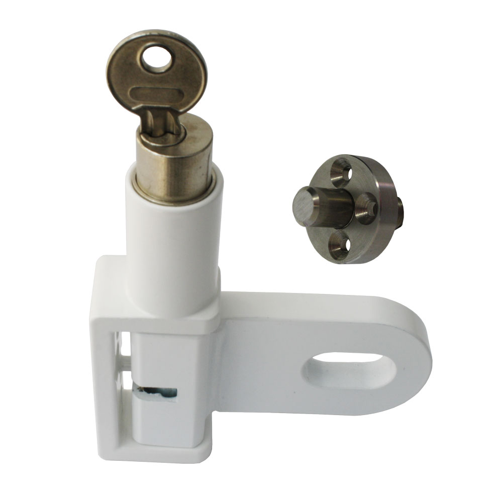 Jumbo-Fenstersicherung für Schiebetüren Nr. 988 weiß / abschließbar / mit Druckzylinder  Jumbo-Fenstersicherung für Schiebetüren Nr. 988 weiß / abschließbar / mit Druckzylinder