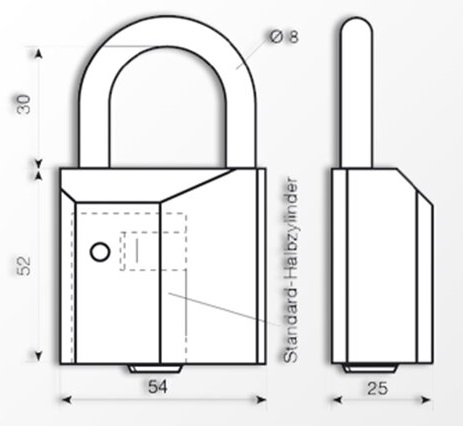 Universal-Vorhangschloss Nr. VHS-71 PZ-vorgerichtet / Stahl gehärtet / Bügelhöhe: 30mm