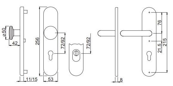 Edelstahl-Schutzwechselgarnitur mit Kernziehschutz 72 mm / Zylindervorstand 10-15 mm / ES1
