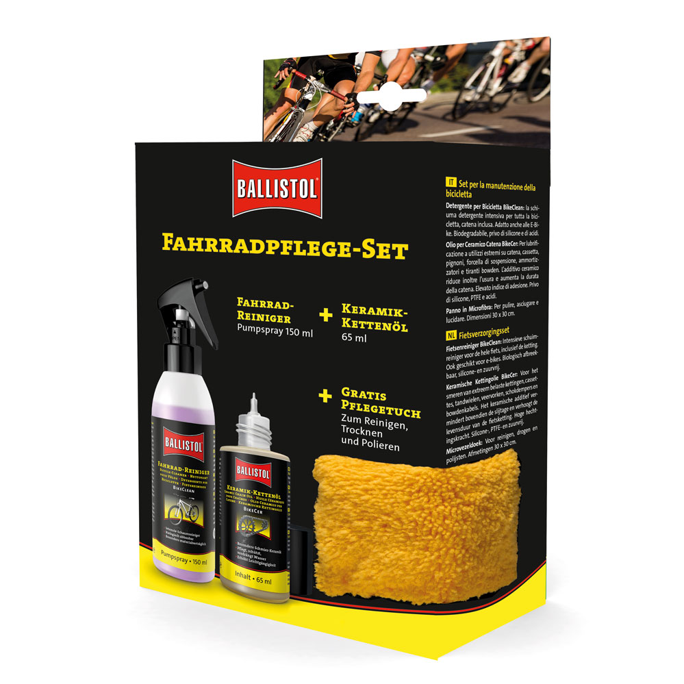 Fahrradpflege-Set bestehend aus: 150ml. Pumpspray, 65ml. Keramik-Kettenöl, 1 Microfaser-Pflegetuch Fahrradpflege-Set bestehend aus: 150ml. Pumpspray, 65ml. Keramik-Kettenöl, 1 Microfaser-Pflegetuch