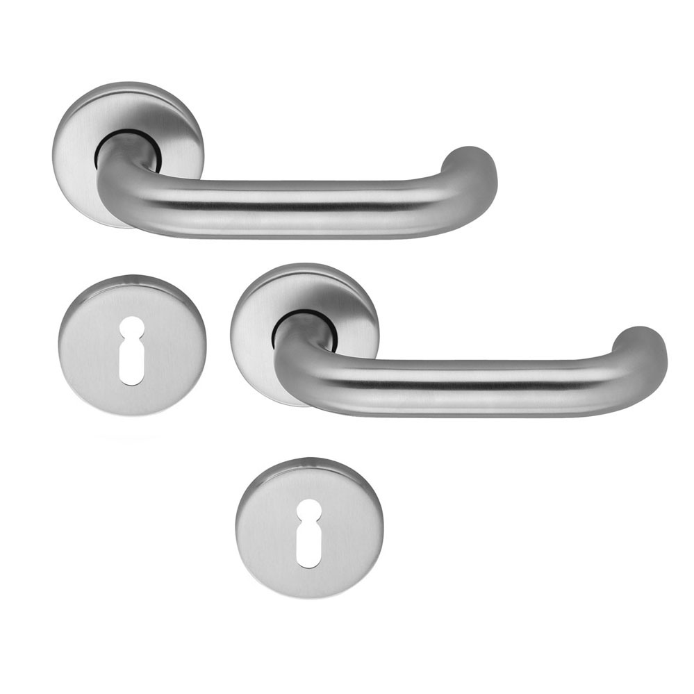 Kompl. U-Form-Drückergarnitur festdrehbar mit BB-Schlüsselrosetten / Edelstahl Kompl. U-Form-Drückergarnitur festdrehbar mit BB-Schlüsselrosetten / Edelstahl