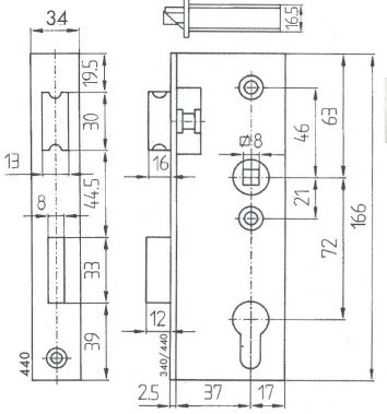 40-Dorn Schloss mit Schlossgehäusekasten (40 mm) / rs+ls verwendbar / 72 mm / 8 mm / Nr. 440/441P