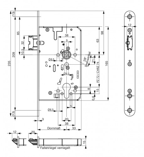 BKS Selbstverriegelndes Antipanikschloss B21160 / 55-Dorn / 9 mm Vierkant / 72mm / ls+rs umstellbar