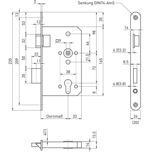 FH-Antipanik-Schloss m. 2-teil. Drückernuss / DLS/ Nr.: 1013 PZ EINWÄRTS !!! / Funktion"D" / 65 Dorn