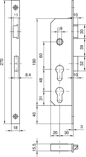 Spezial-Rohrrahmen-Panikschloss Funktion '"E" DLS mit 2 PZ übereinander / mit Edelstahl-Stulp 270x18