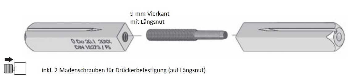 Geteilter 9 mm Panik-Vierkantstift / für FH-Türen gestempelt nach DIN 18273 FS / Länge: 45/50 mm