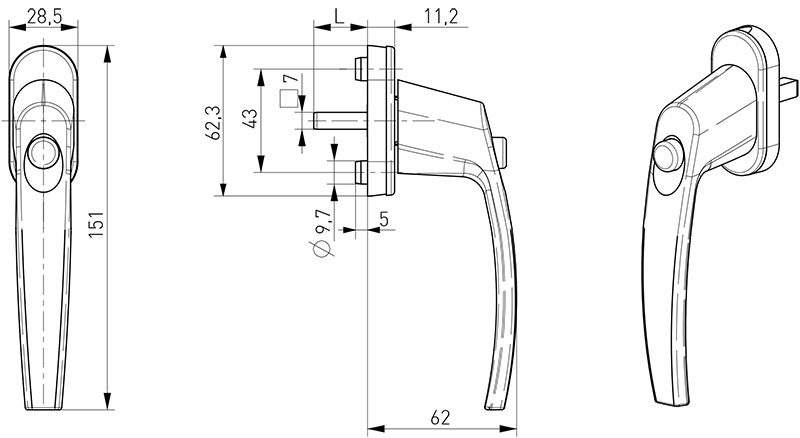 Fenstergriff mit Druckknopf / mit Arretierung graubraun (RAL 8019) / mit 90 Grad Rasterung