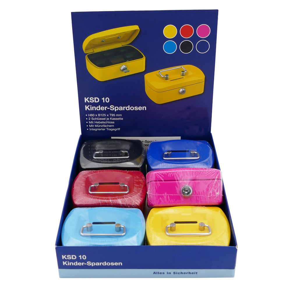 Kinder-Spardosen-Geldkassetten-Set "2 in 1" 1 Set = 6 St. farblich sortiert im Verkaufsdisplay