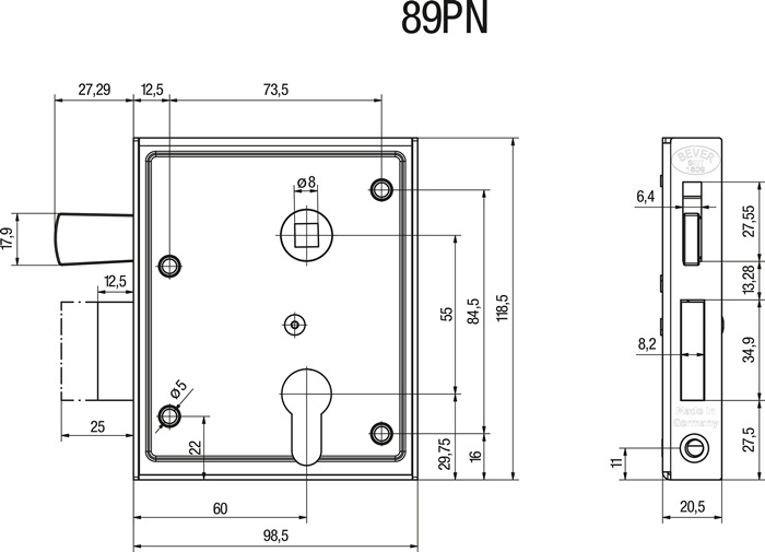Universal-Kastenschlösser / PZ-gelocht / mit hebender Falle / rs + ls verwendbar / 60-Dorn