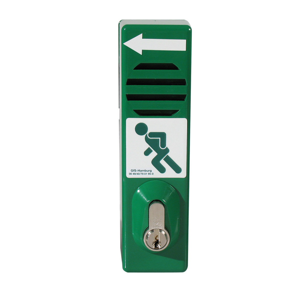 Schwenk-Türwächter mit Profilhalbzylinder (PHZ ist austauschbar / grün RAL 6029 / mit 9 V-Batterie