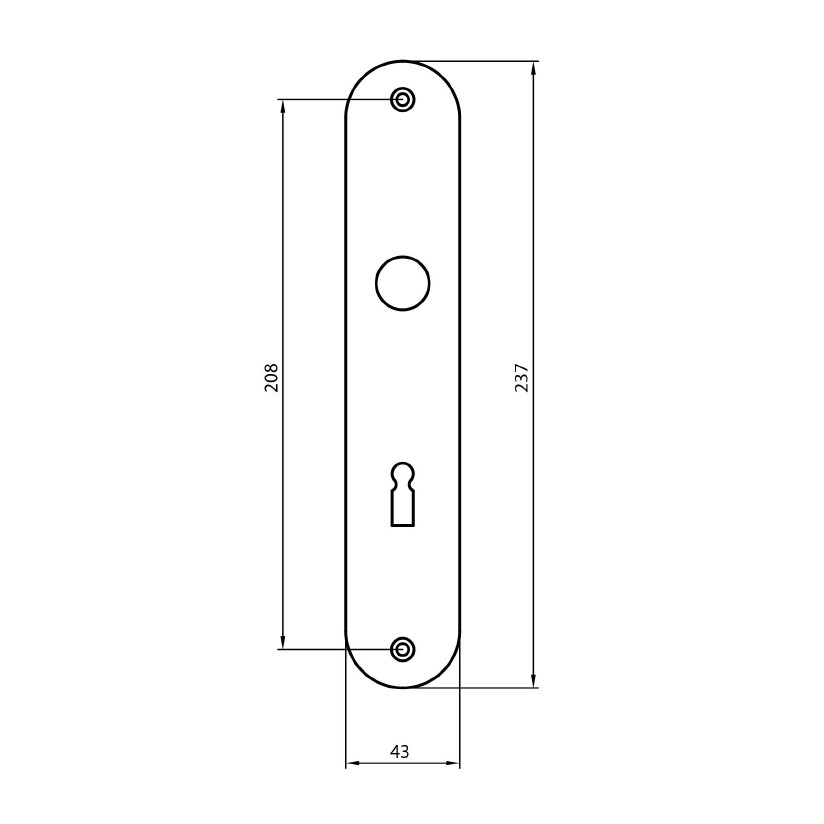 Ovales Langschildpaar / Abmessung: 237 x 43 mm BB-gelocht / 72 mm / F2-eloxiert / gepresst
