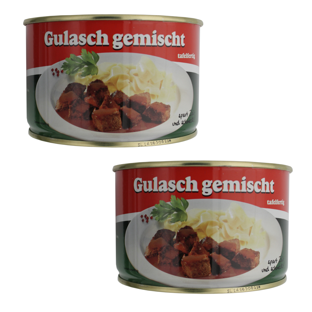Dosen-Konserven-Safe-Set (2-er Set) Gulasch gemischt / Abm.: B100 x H65 mm