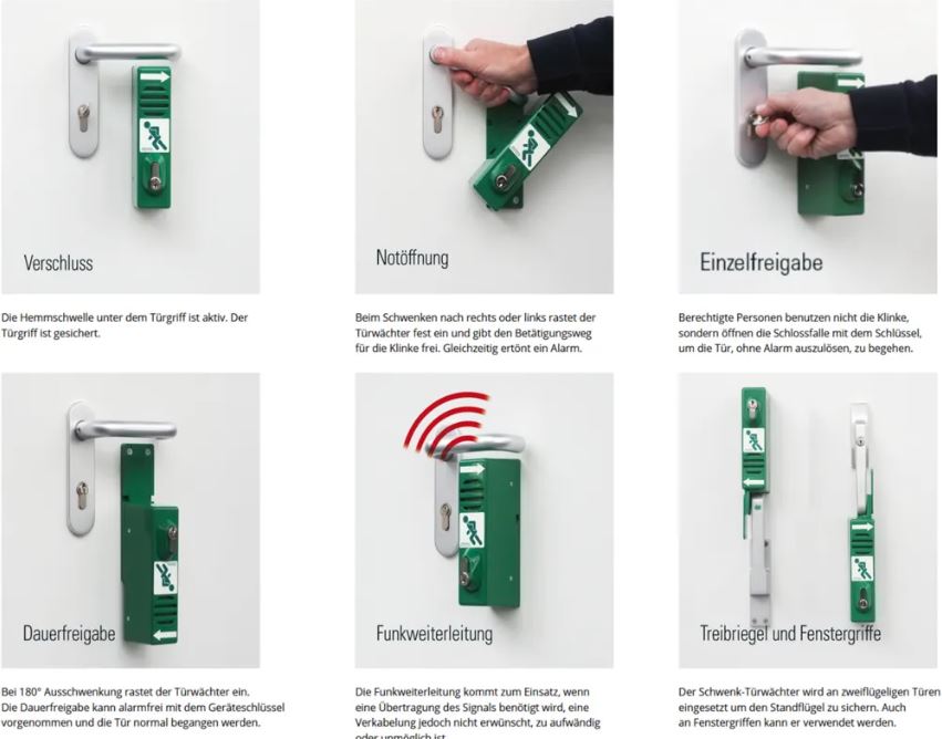 Schwenk-Türwächter mit Profilhalbzylinder (PHZ ist austauschbar / grün RAL 6029 / mit 9 V-Batterie
