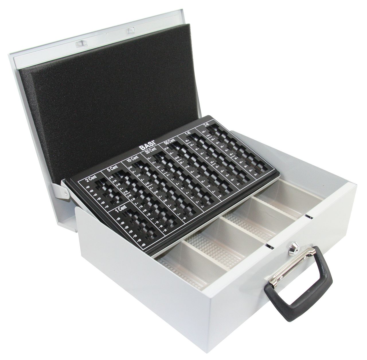 Euro-Geldkassette mit Münzeinsatz für Euro Serie "Exklusiv" / mit Tragegriff / Farbe: grau