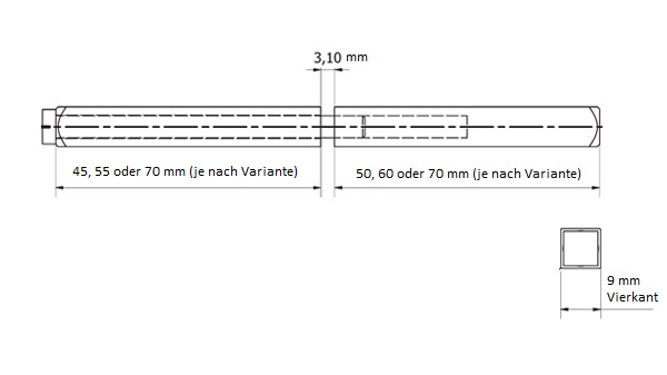 Panik-Vierkantstift für Türstärke: 54-76 mm Nr.: 12/917 - 9 x 115 mm (55/60 mm)