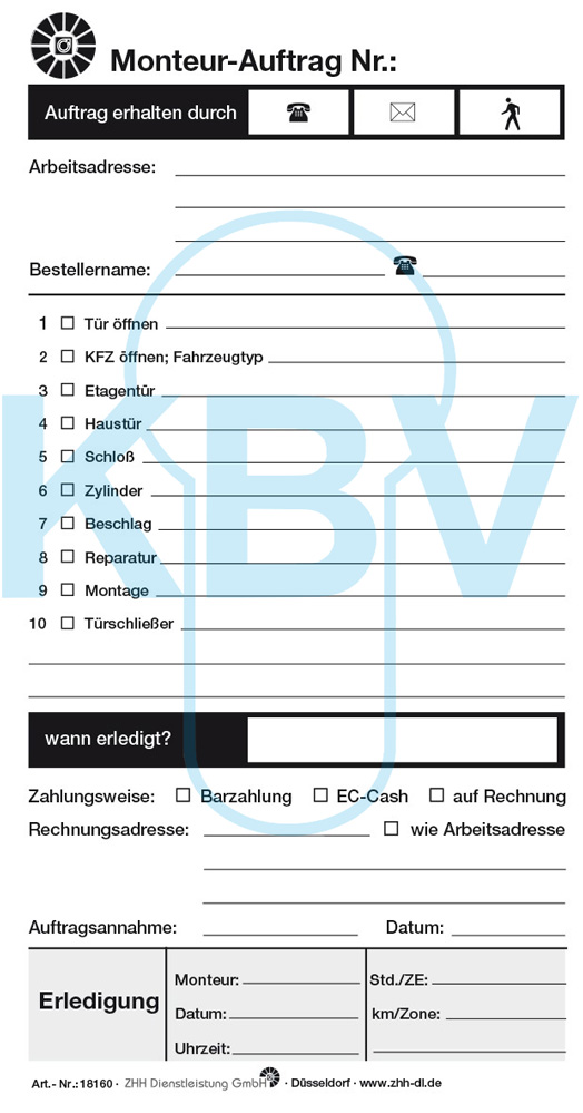 1 Set mit 100 Monteur-Aufträgen Größe: 110 x 200 mm