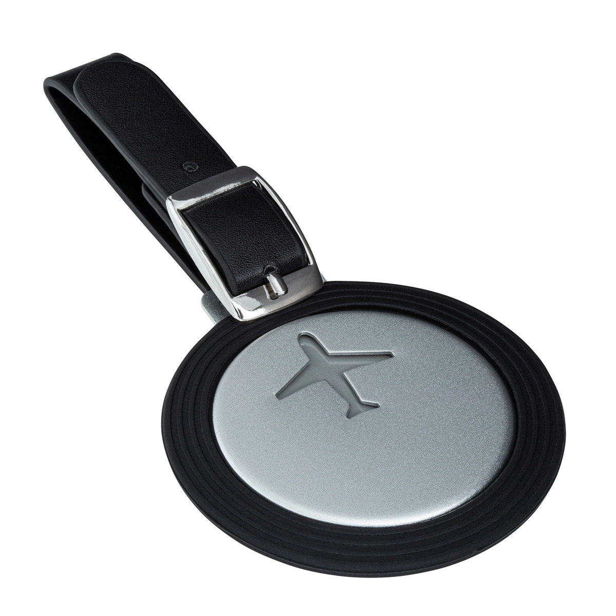 Koffer-Anhänger / Kunstleder-Band / schwarz-silber Abm.: 177 x 66,66 x 5,2 mm / im Design-Etui