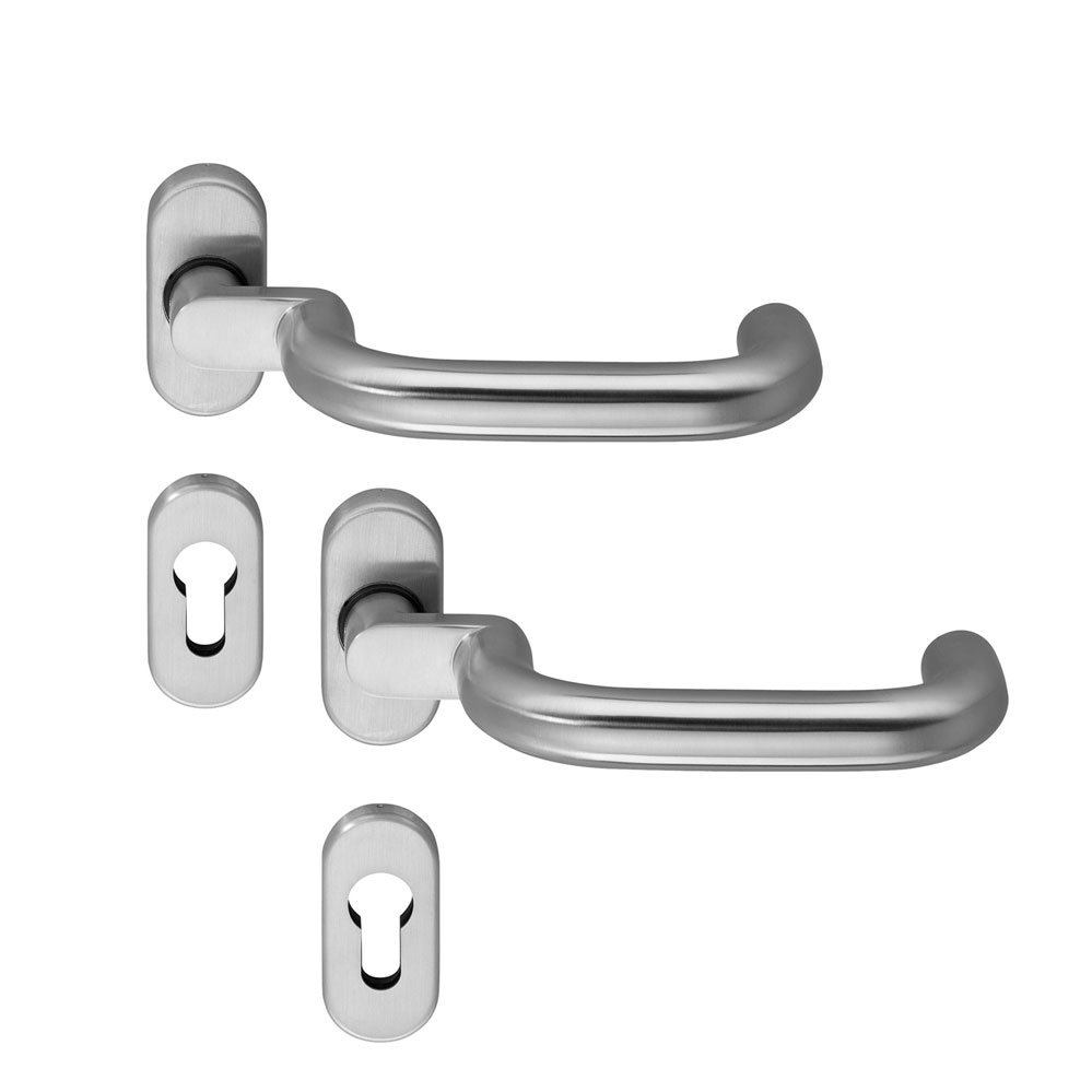 Türdrückerpaar mit Hochhaltemech./ 8mm / Edelstahl festdrehbar auf ovalen Rosetten