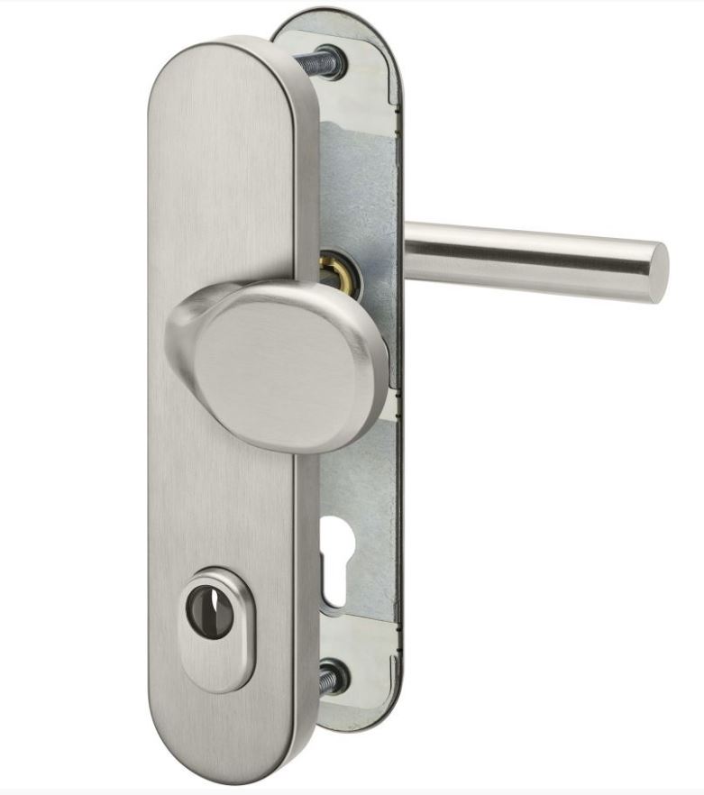Edelstahl-Schutzwechselgarnitur mit Kernziehschutz 72 mm / Zylindervorstand 10-15mm / abg.Griffpl/ES1