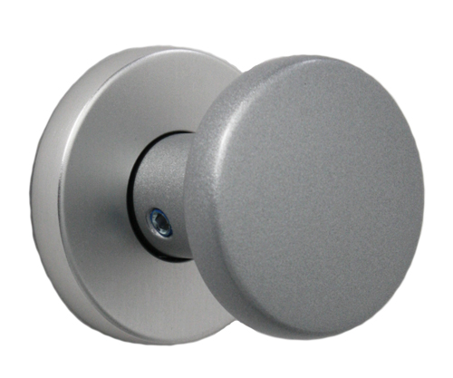 Flach-Knopf festdrehbar auf runder Rosette mit verdeckter Verschraubung / F1-eloxiert Flach-Knopf festdrehbar auf runder Rosette mit verdeckter Verschraubung / F1-eloxiert