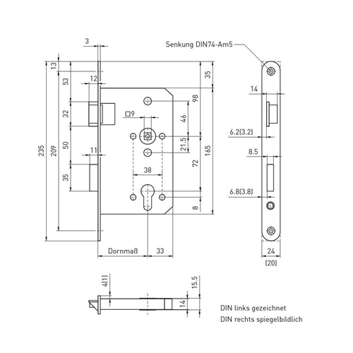 FH-Antipanik-Schloss m. 2-teil. Drückernuss / DLS/ Nr. 1028 PANIKFUNKTION "B" / 65 Dorn / 24 Stulp