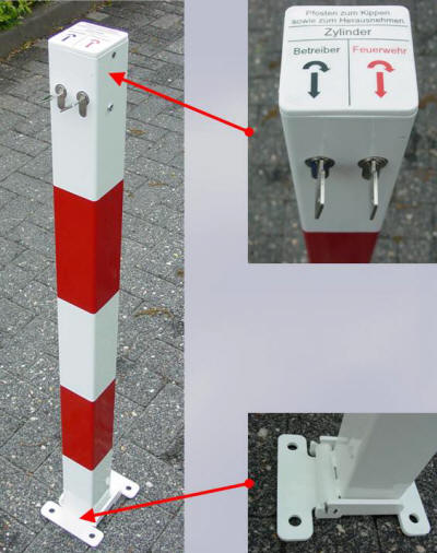 Edelstahl-Absperrpfosten / rot reflektierend inkl. Bodenplatte / herausnehmbar und umlegbar