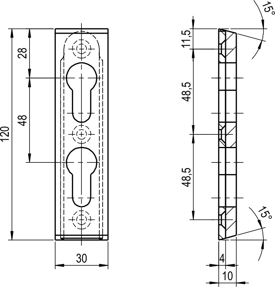 Spezial-Sicherheitsschieberosette mit 2 PZ-Löchern übereinander / F1-eloxiert /Abmessung: 120x30x10mm