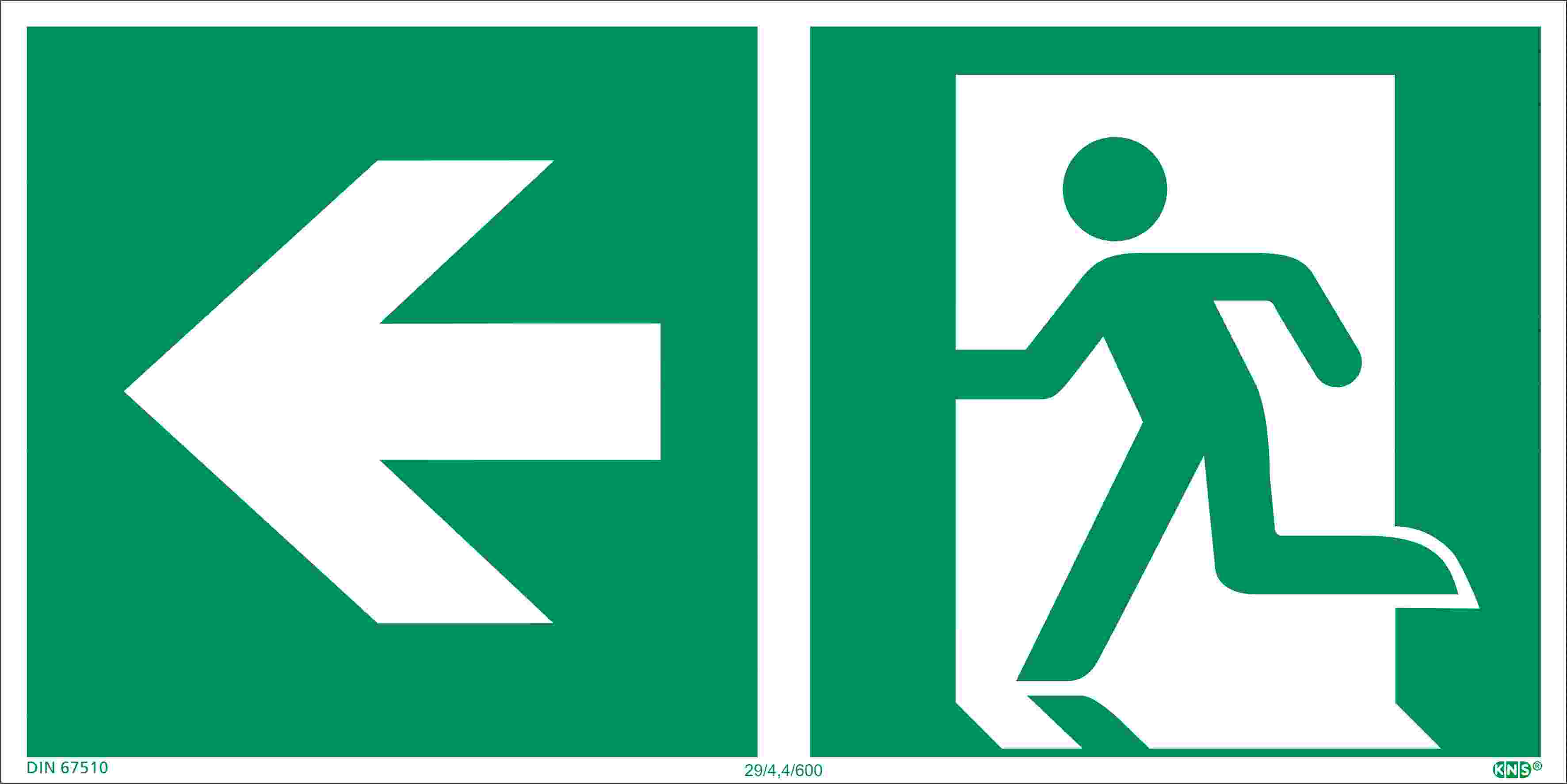 Rettungswegschilder / Symbol links / (E001+E005) signalgrün / selbstklebend / ISO 7010 / ASR 1.3