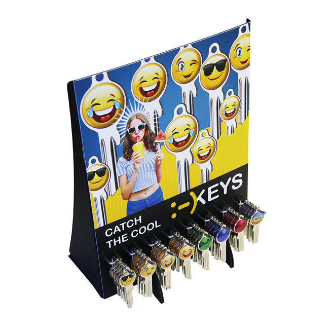 Smiley Starterset mit 8 Haken und 8 x 5 = 40 Stück Universal-Smiley-Rohlingen ( Display aus Pappe)