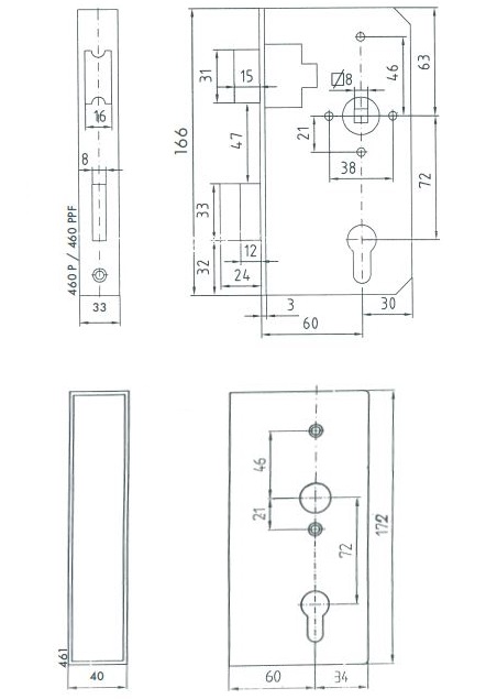 60-Dorn Schloss mit Schlosskastengehäuse (40 mm) / rs+ls verwendbar / 72mm / 8mm / Nr. 460461-P