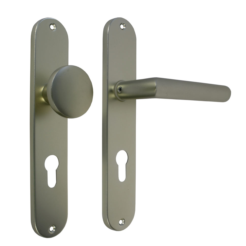 Langschildwechselgarnitur / Abm.: 237 x 43 mm OVAL / PZ-gelocht / 72 mm / F2-eloxiert / gepresst