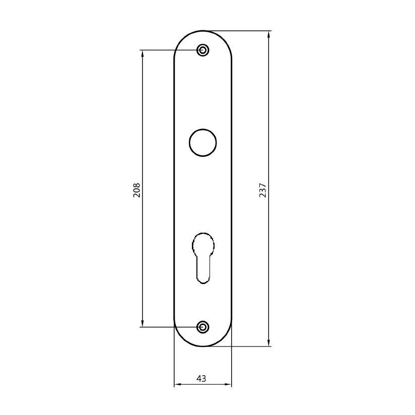 Langschildwechselgarnitur / Abm.: 237 x 43 mm OVAL / PZ-gelocht / 72 mm / F2-eloxiert / gepresst