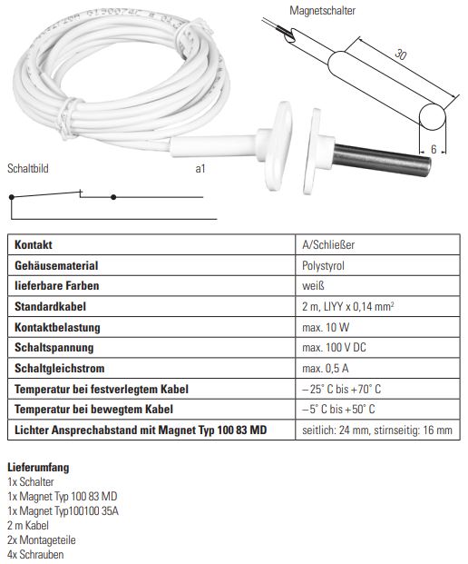 Reed-Kontakt zur Alarmmeldung/Öffnungsüberwachung für Tagalarm / für Einlassmontage