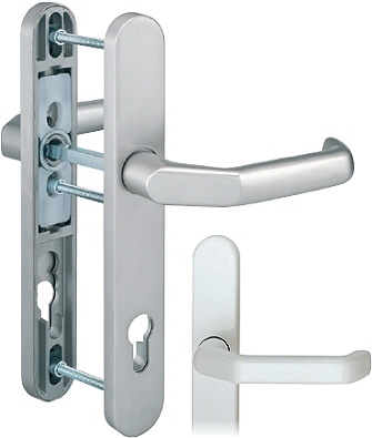 Schmalrahmenschutz-Drückergarnitur "VARIABEL" / F1-elox. / 8 mm / 92 mm / 12 mm stark