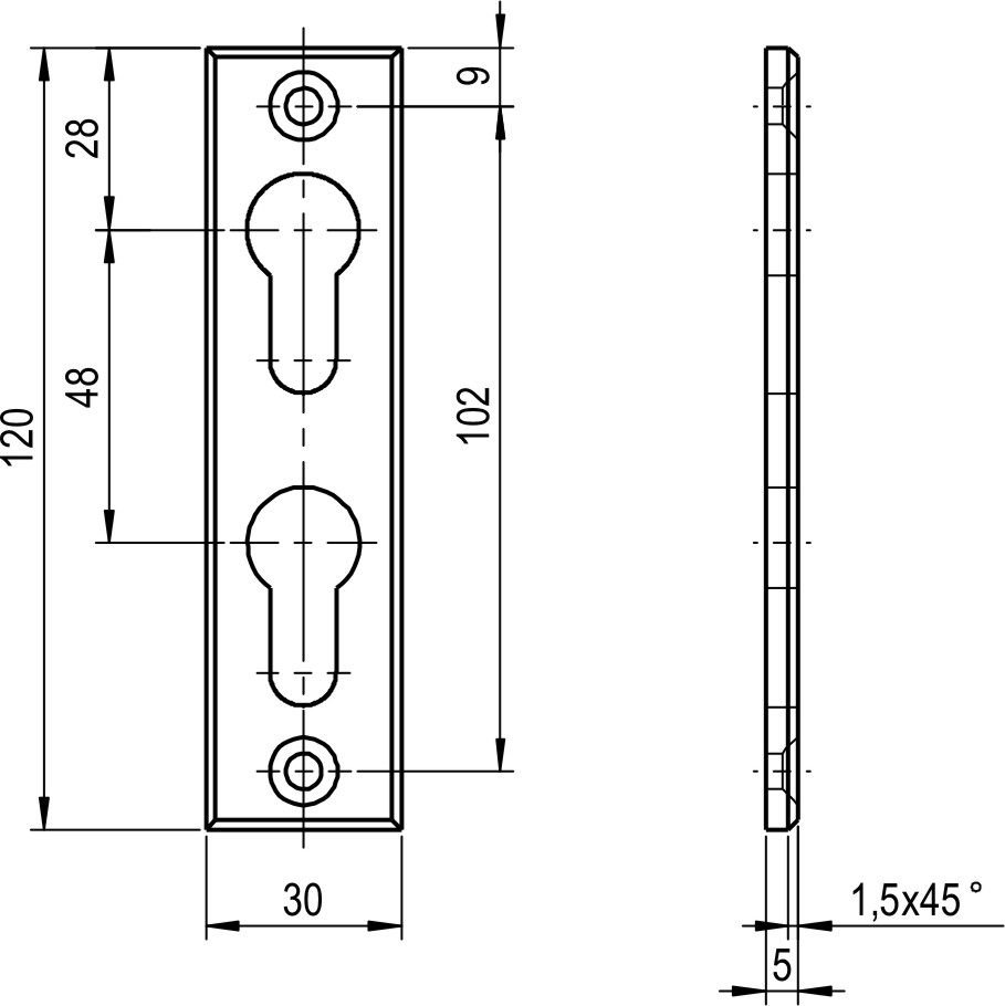 Spezial-Anschraubrosette mit 2 PZ-Löchern übereinander / F1-eloxiert /Abmessung: 120x30x5mm