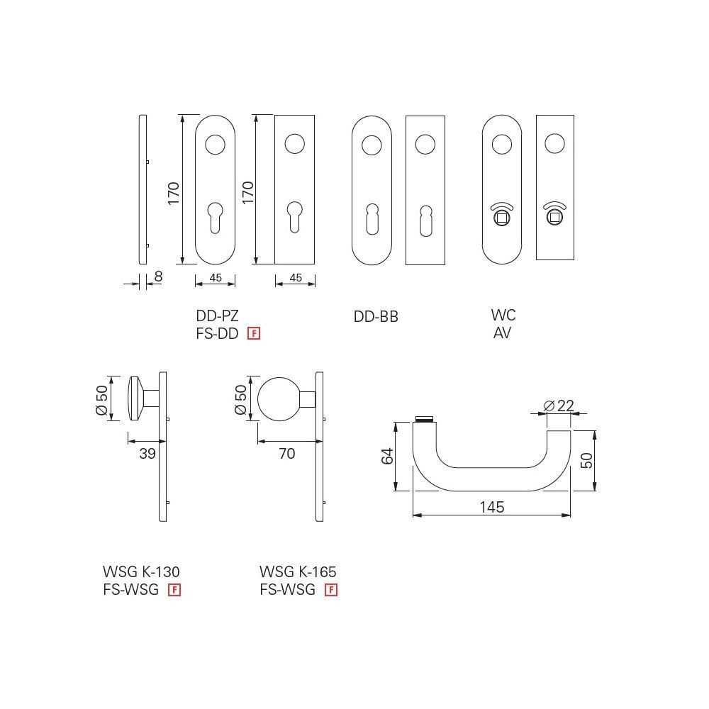 Zimmertür-Kurzschild-Drückergarnitur / 8 mm BB-gelocht / 72 mm Entfernung / F1-eloxiert