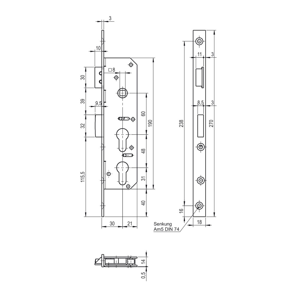 Spezial-Rohrrahmenschloss DLS / 30-Dorn / 8mm/ mit 2 PZ übereinander / mit Edelstahl-Stulp 270x18mm