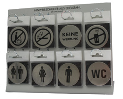 Display "Signs of the time" / mit 40 Schildern in Edelstahl / mit 8 x 5 Klebeschildern 60 mm Durchm.