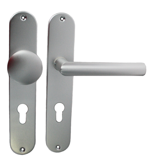 Langschildwechselgarnitur / Abm.: 237 x 43 mm OVAL / PZ-gelocht / 72 mm / F1-eloxiert / gepresst