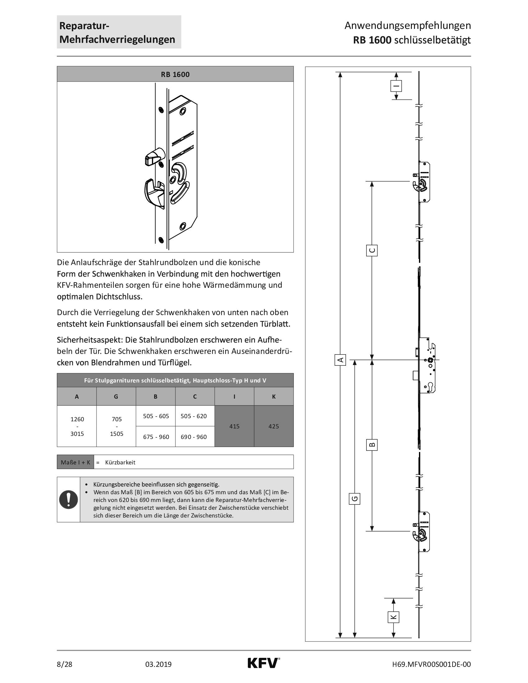 Stulpgarnitur für KFV-Reparaturverschluss RB1600SG / Hakenschwenkriegel+Bolzen / Stulp 16mm / 92mm