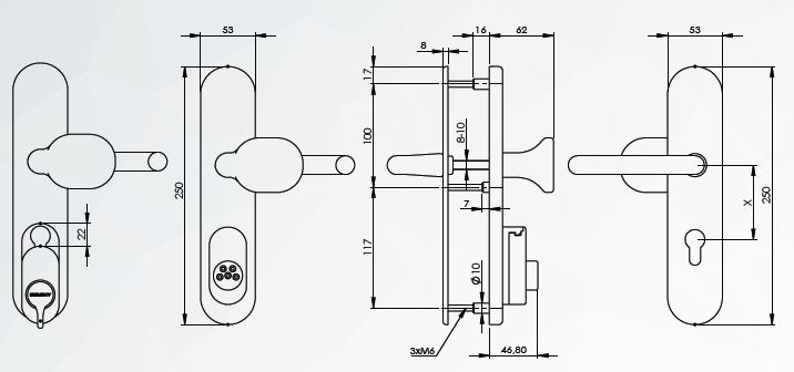 Geminy Schutzbeschlag mit Zylinderschiebeschutz Wechselgarnitur / Griffplatte / 72mm / F1-eloxiert