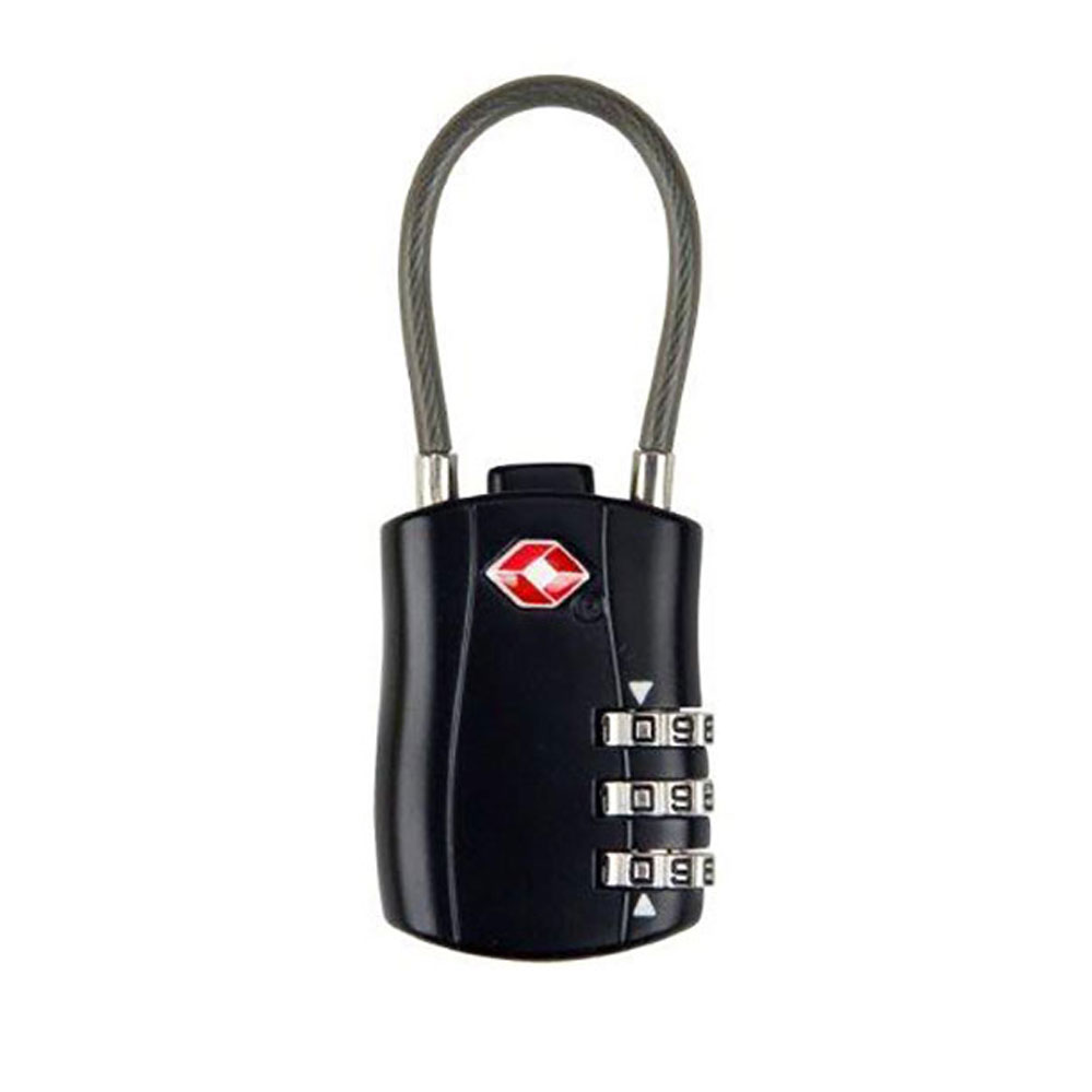 TSA-Vorhangschloss mit 3-stelligem Zahlencode schwarz / mit flexiblem Stahlseil als Bügel TSA-Vorhangschloss mit 3-stelligem Zahlencode schwarz / mit flexiblem Stahlseil als Bügel