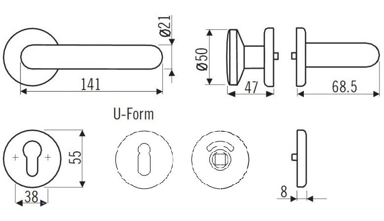 Zimmertür-Rundrosetten-Drückergarnitur BB-gelocht / F1-eloxiert / 8 mm Vierkant