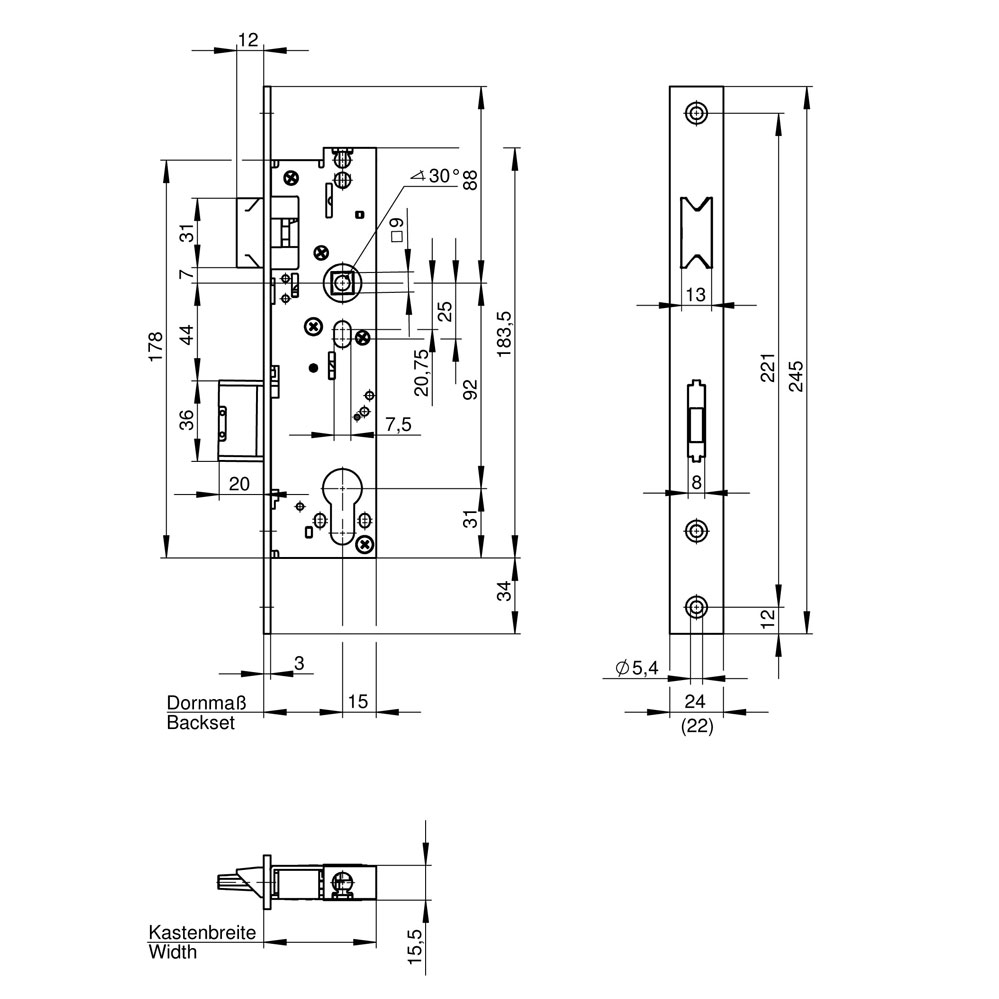 Rohrrahmenschloss mit Panikfunktion "B" / DLS / WILKA-Nr. 6677 / 30 Dorn / 92 mm / 9 mm