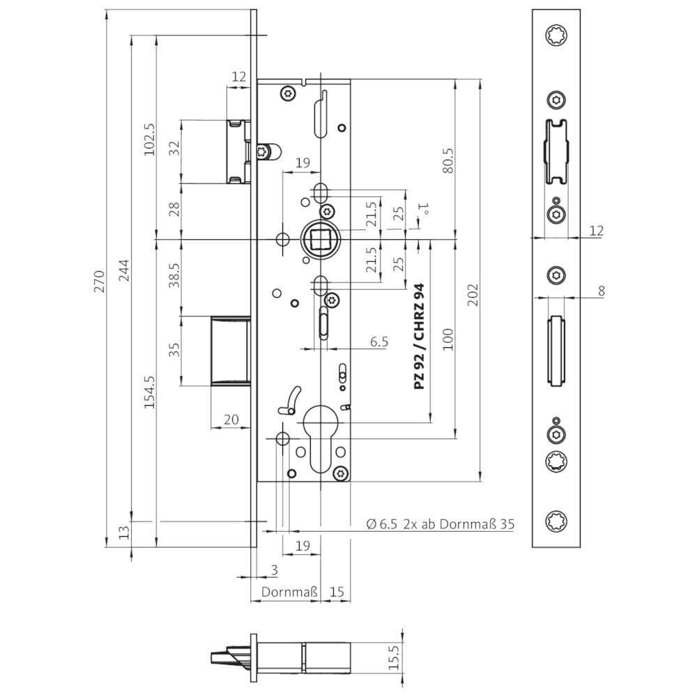 Rohrrahmenschloss mit Nirosta-Stulp / 92mm / 9mm / mit Panikfunktion /25 Dorn/ links+rechts umlegbar