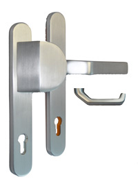 Schmalrahmenschutzgarnitur mit abgekröpfter Griffplatte - 8/92 mm / 10 mm stark / F1 Schmalrahmenschutzgarnitur mit abgekröpfter Griffplatte - 8/92 mm / 10 mm stark / F1