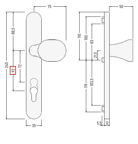 Schmalrahmenschutz-Wechselgarnitur "VARIABEL" / F1-eloxiert / 8 mm / 92 mm / 12 mm stark